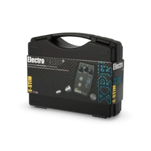 ElectroPebble XPF E-Stim-Netzteilset mit Satin-Flanschelektrode und leitfähigen Gummischlaufen.