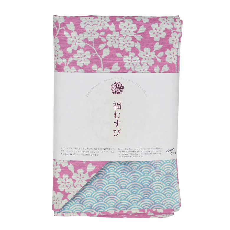 Vendbart japansk Furoshiki rebklæde med Cherry Blossom og Wave design.