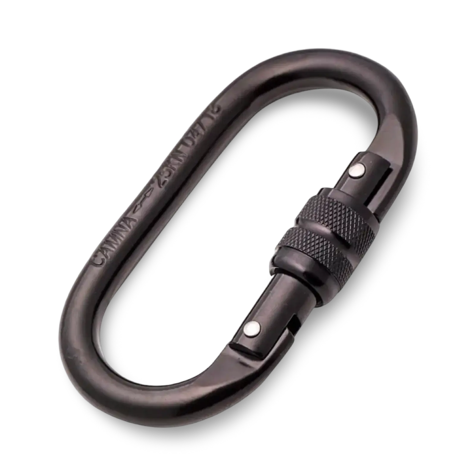 Oval carabiner of steel with screw lock and 25 kN breaking strength.